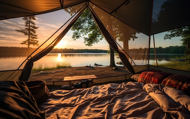 View of the serene landscape from inside a tent Camping sunset