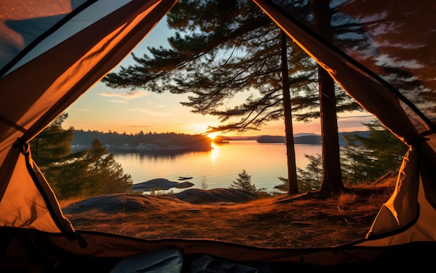 View of the serene landscape from inside a tent Camping sunset