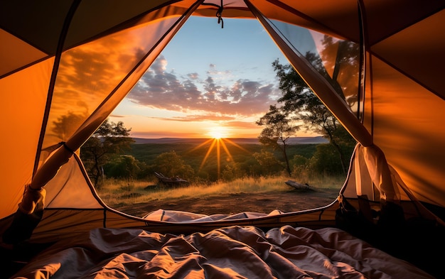 View of the serene landscape from inside a tent Camping sunset