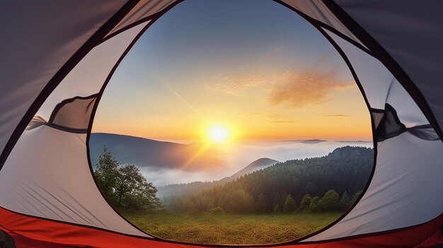 View of the serene landscape from inside a tent