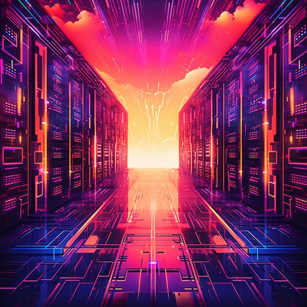 A view of a server room with a bright neon light generative ai