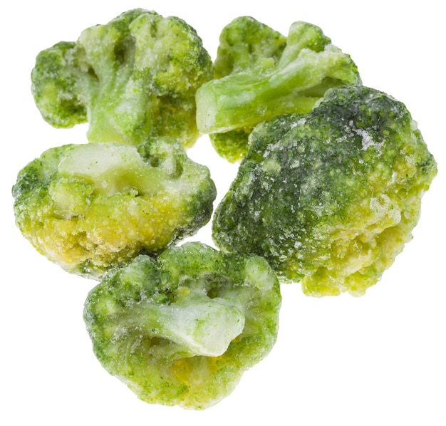 Above view of several frozen broccoli isolated