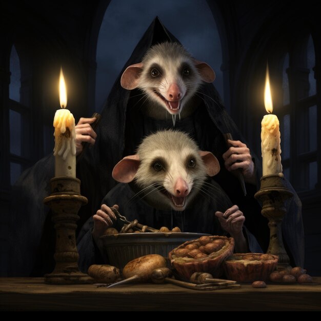 View of a several possum dark style