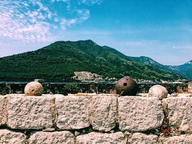 View of sheep on rock against sky