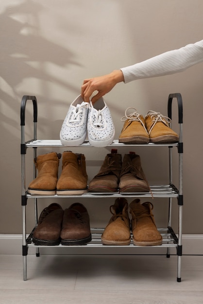 view of shoe rack for stacking pair of footwear