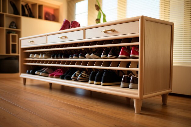 Photo view of shoe rack with storage space for footwear