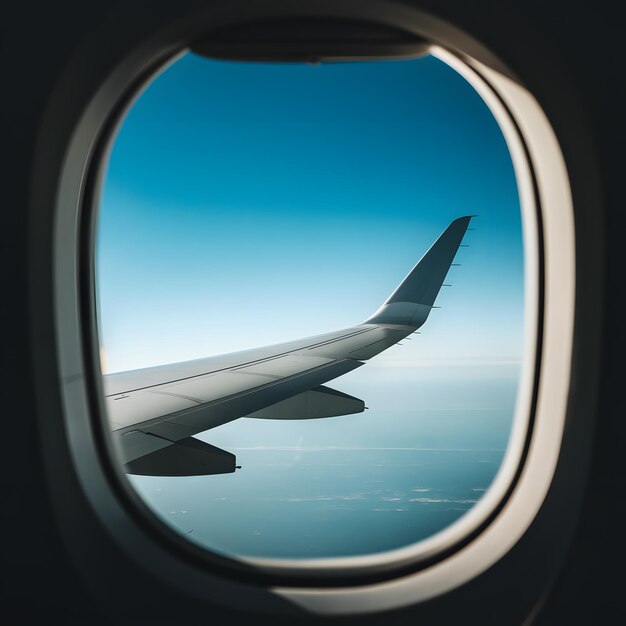 静かな飛行のための飛行機の窓から青い空に比べて銀の翼の景色 ソーシャルメディアポ