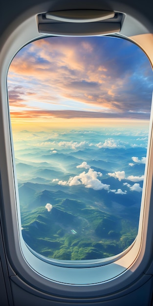 飛行機の窓からの空の眺め 飛行機の窓からの窓の眺め