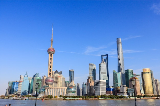 View of skyscrapers against blue sky