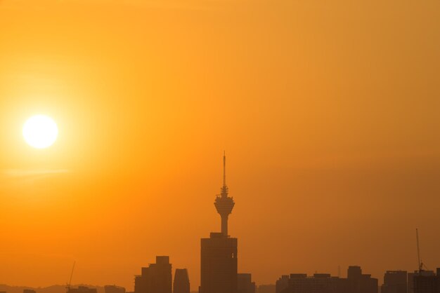 View of skyscrapers at sunset