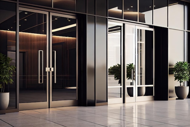 View of sleek modern entrance doors in a stylish office building created with generative ai