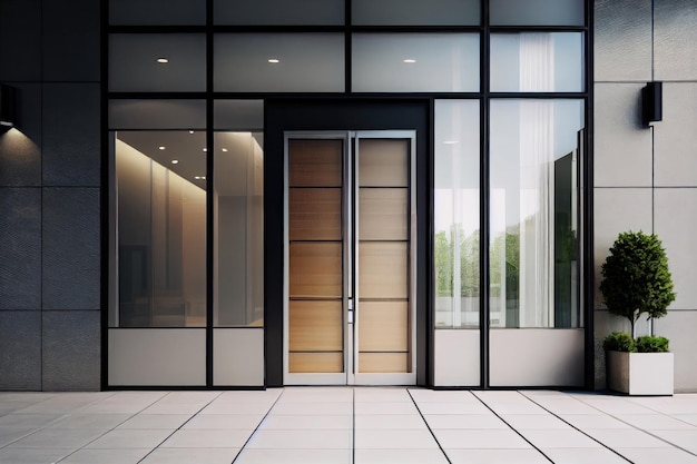View of sleek modern entrance doors in a stylish office building created with generative ai