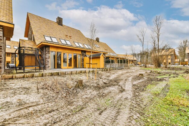 View of a small backyard of a modern cottage where construction
is underway