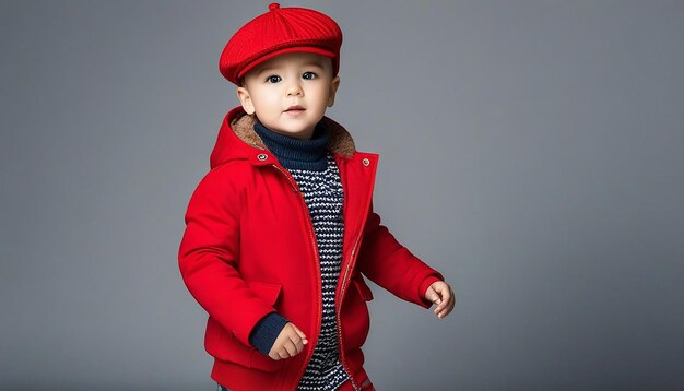 Photo view of small boy wearing hat 8k fashion photography