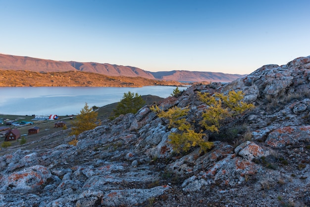 View of small sea strait on lake baikal on autumn day joy bay