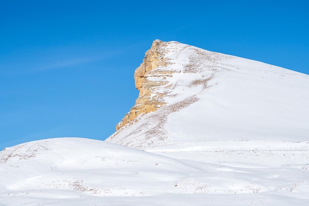 青い空を背景に木々が生い茂る珍しい場所にある小さな雪に覆われた白亜の山の眺め