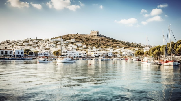 A view of a small town with a castle on the hill in the background