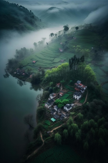 Vista del piccolo villaggio in montagna con il fiume che lo attraversa ai generativo