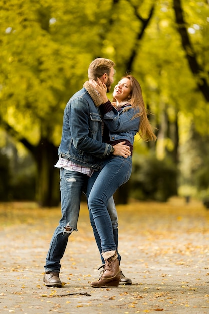 View at smiling couple hugging in autumn park