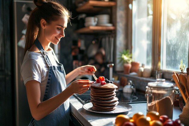 Photo view of smiling woman cooking chocolate pancakes at home