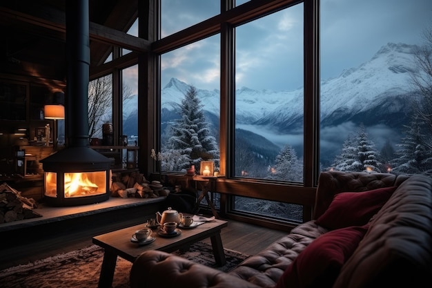 View of snow mountains in winter from inside the cabin advertising photography