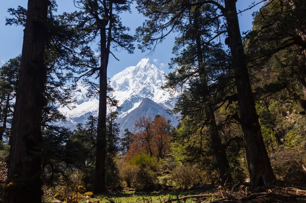 View of snowcapped mountain peaks in the Himalayas Manaslu region