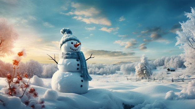 View of snowman with winter landscape and snow 3d render snow image background 3d style