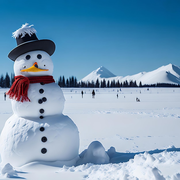 View of snowman with winter landscape and snow