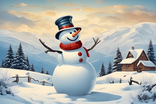 View of snowman with winter landscape and snow