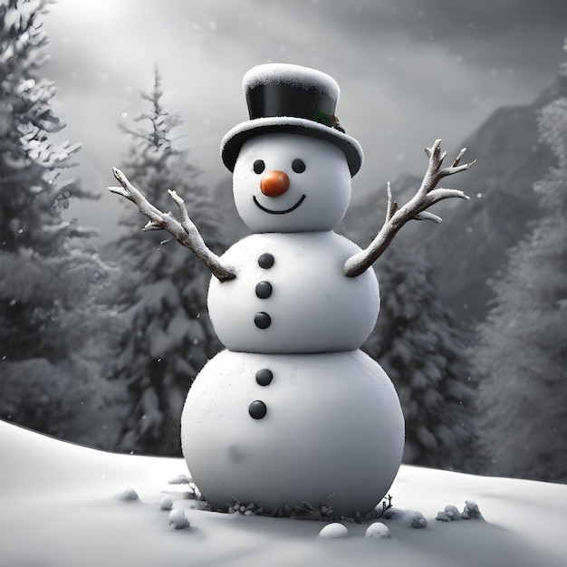 View of snowman with winter landscape and snow