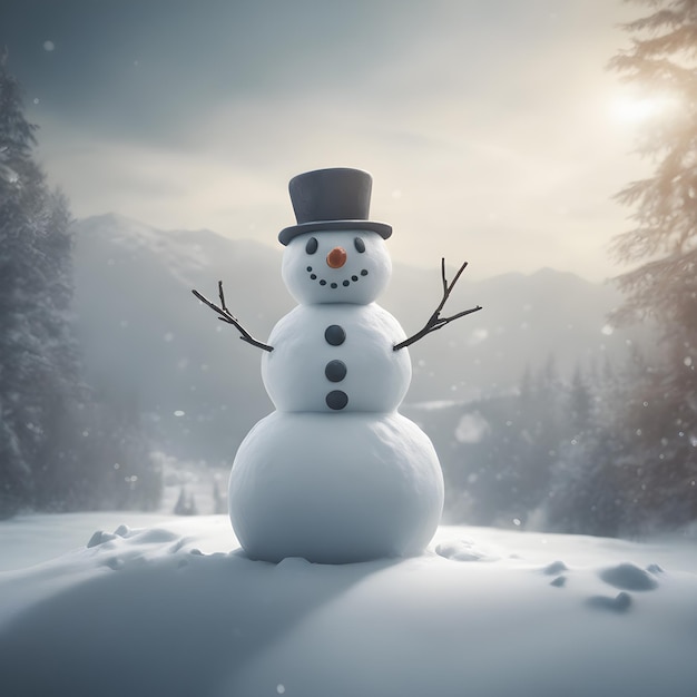 View of snowman with winter landscape and snow