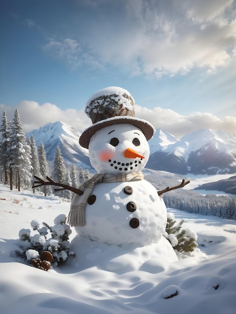 View of snowman with winter landscape and snow