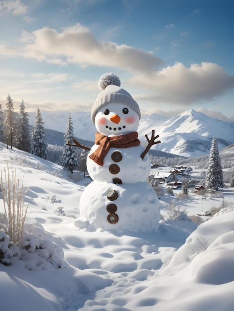 View of snowman with winter landscape and snow