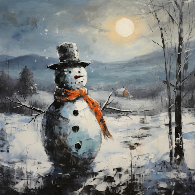 View of snowman with winter landscape and snowfall