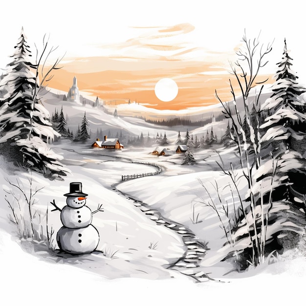 Вид снежного человека с зимним пейзажем
