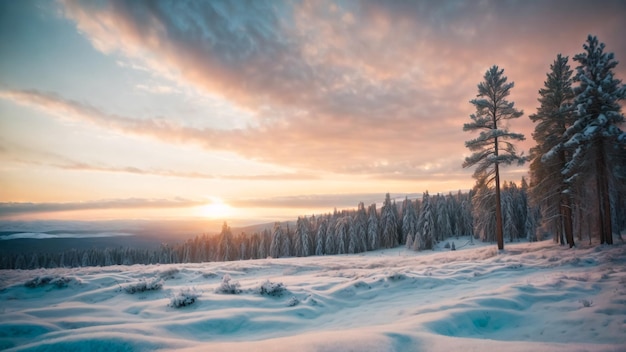 Photo view of the snowy landscape of finnish tundra during sunrise in rovaniemi area of lapland region