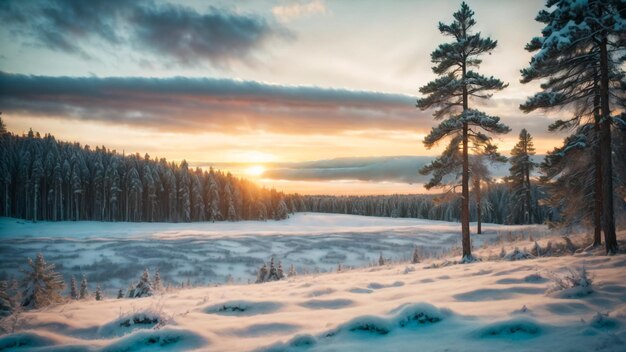 Photo view of the snowy landscape of finnish tundra during sunrise in rovaniemi area of lapland region