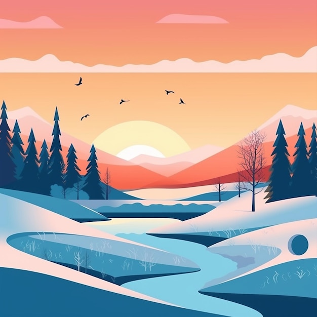 A view of a snowy landscape with a river and birds flying over it generative ai