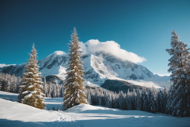 view of a snowy mountain and fir trees with blue sky background
