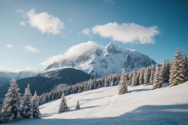 view of a snowy mountain and fir trees with blue sky background