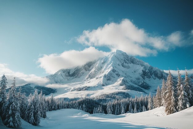 view of a snowy mountain and fir trees with blue sky background