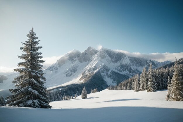 view of a snowy mountain and fir trees with blue sky background