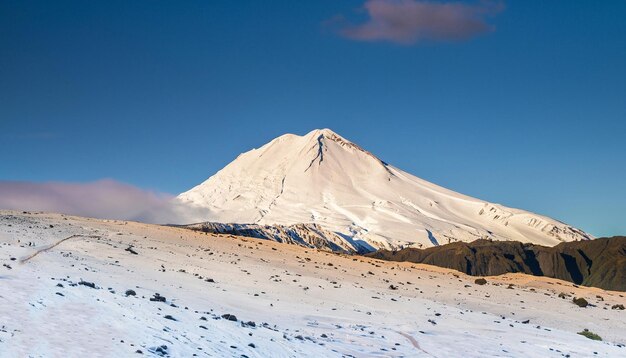 Photo view of a snowy mountain and fir trees with a blue sky background