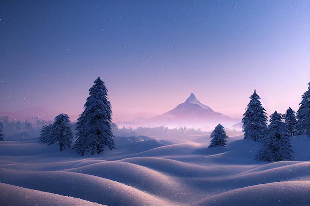 雪に覆われた森 3 D アート作品の背景から雪に覆われた山の頂上を見る