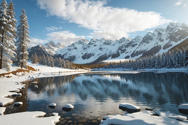 View of snowy mountains filled with trees next to a calm lake during daylight