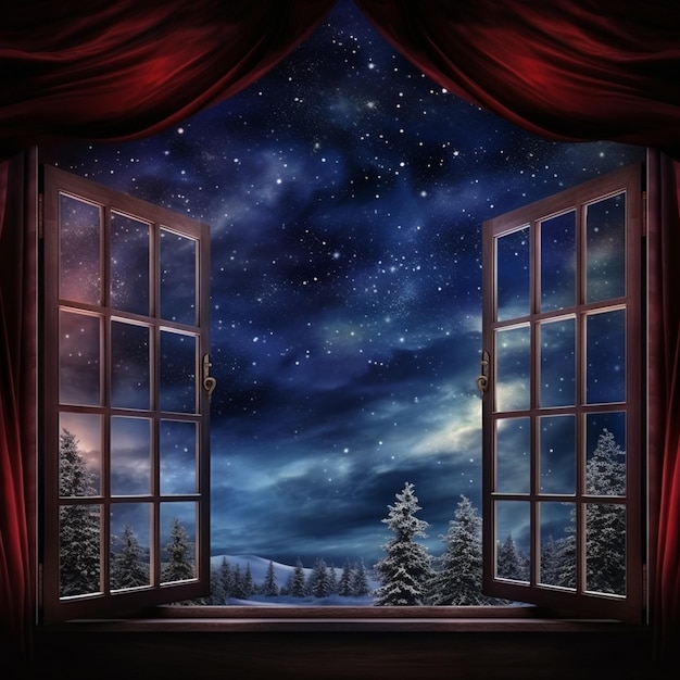 Foto una vista di una notte nevosa da una finestra con una tenda rossa ai generativa