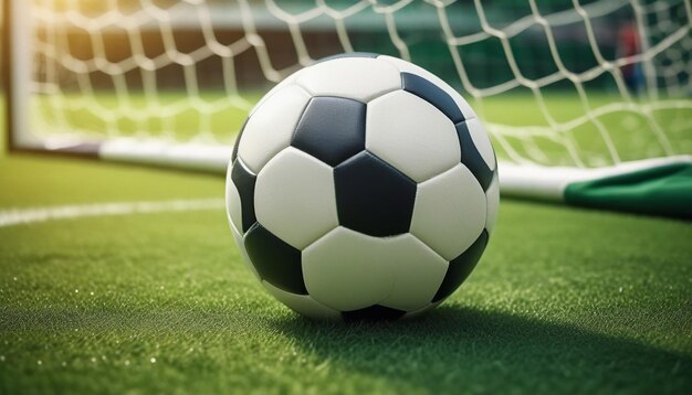 Photo view of soccer ball on the field grass