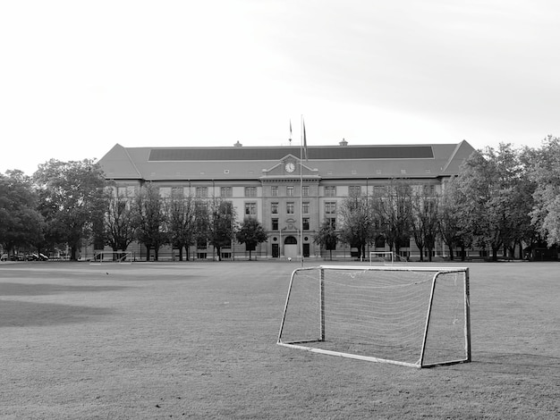 View of soccer field against buildings