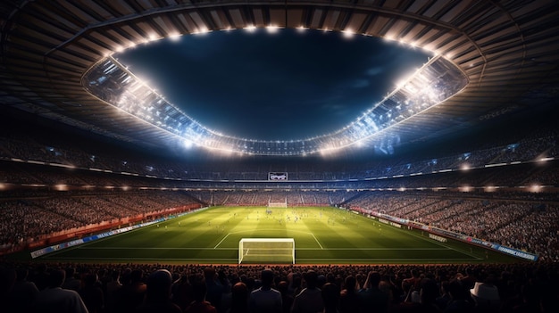 a view of a soccer stadium with a goalie field and a crowd generative ai