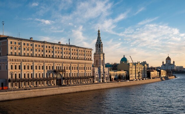 View of the Sofia embankment of the Moskva River in the center of the Russian capital at sunset